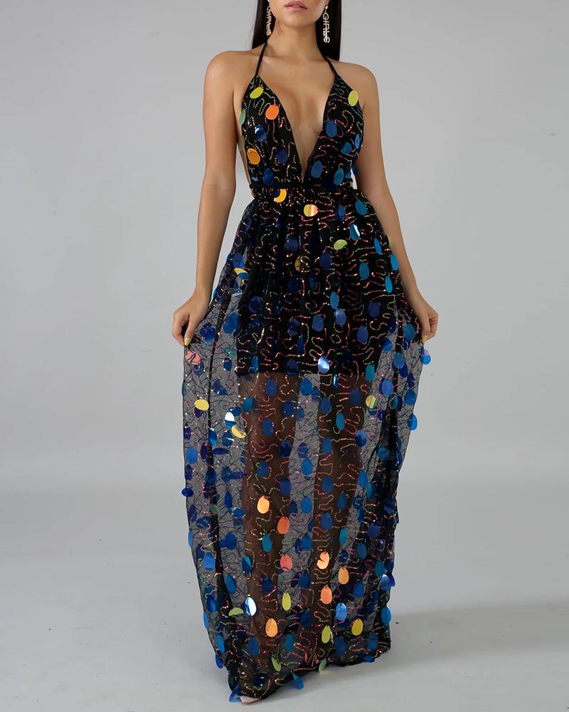 Black Sheer with Seqin Halter Backless Dress