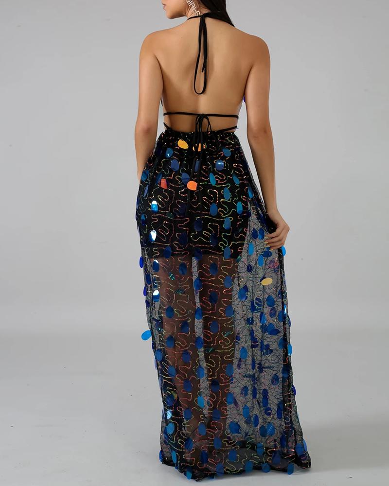 Black Sheer with Seqin Halter Backless Dress
