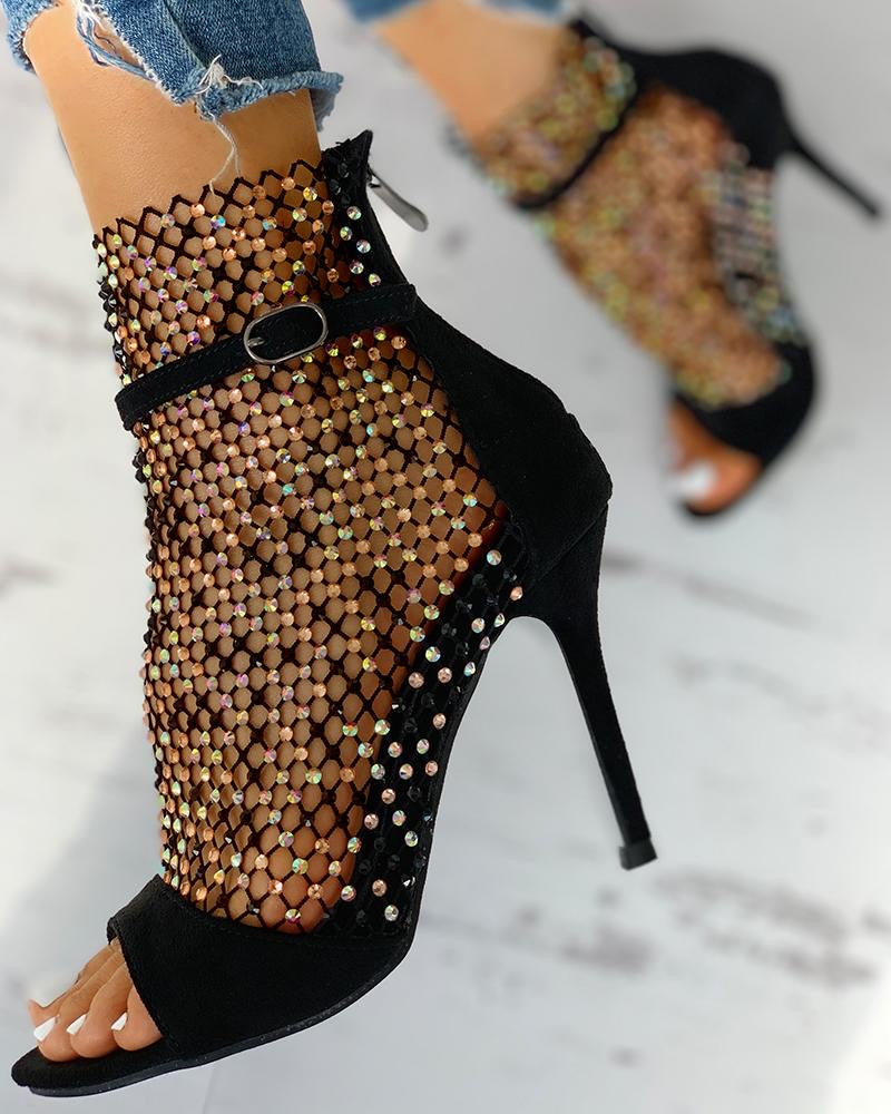 Mesh Black Color Stone Open Toe Sandals
