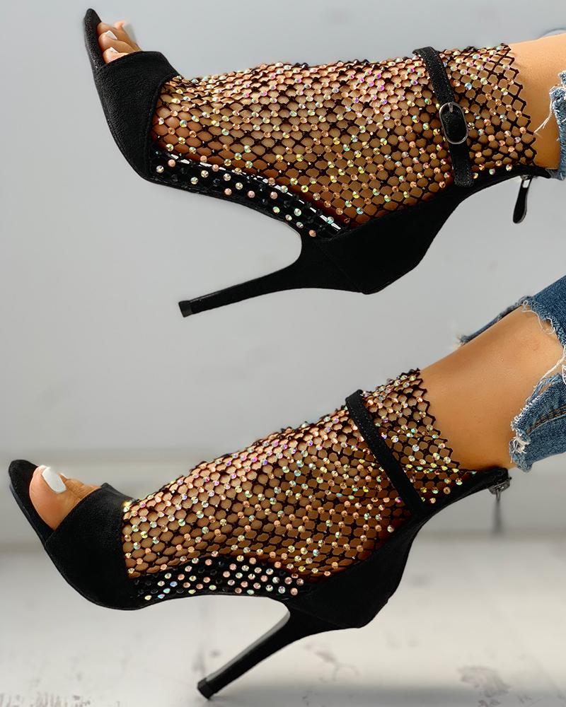 Mesh Black Color Stone Open Toe Sandals