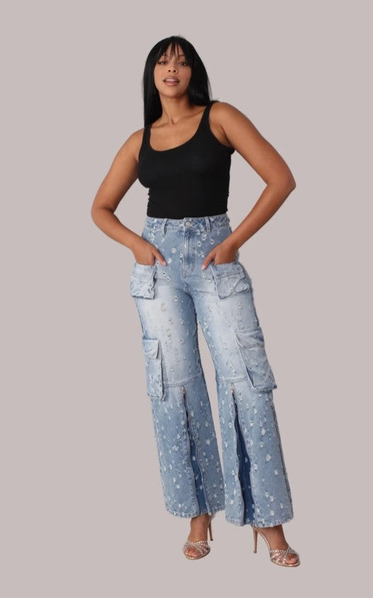 For Her NYC Style-82385 Distressed Denim Cargo Jeans
