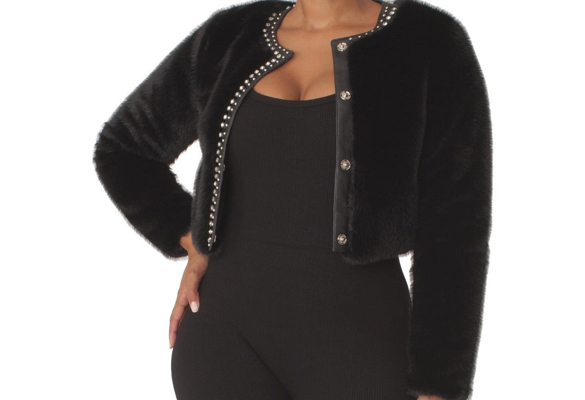 FOR HER Cropped Rhinestone-Trimmed Fur Jacket -82652