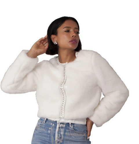 FOR HER Cropped Rhinestone-Trimmed Fur Jacket -82652