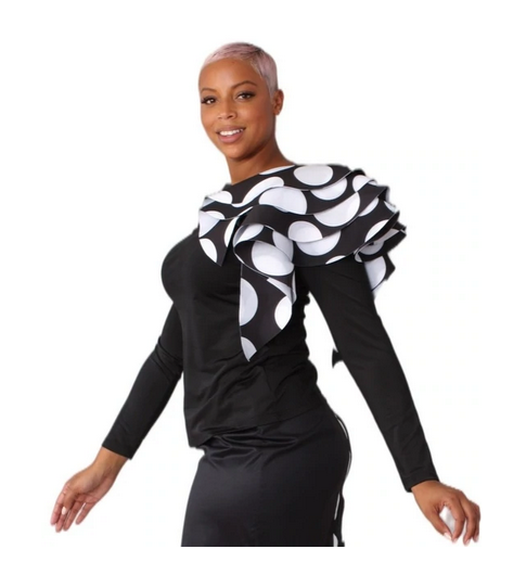 For Her NYC 8687 Woven Top with Scuba Layered/Ruffle Shoulder