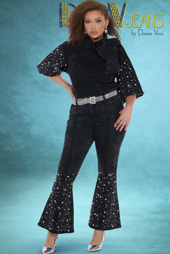 Donna Vinci Jean Collection Style 8490 2 PC Rhinestone & Pearl Trim Denim Top & Pants