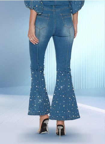 Donna Vinci Jean Collection Style 8490 2 PC Rhinestone & Pearl Trim Denim Top & Pants