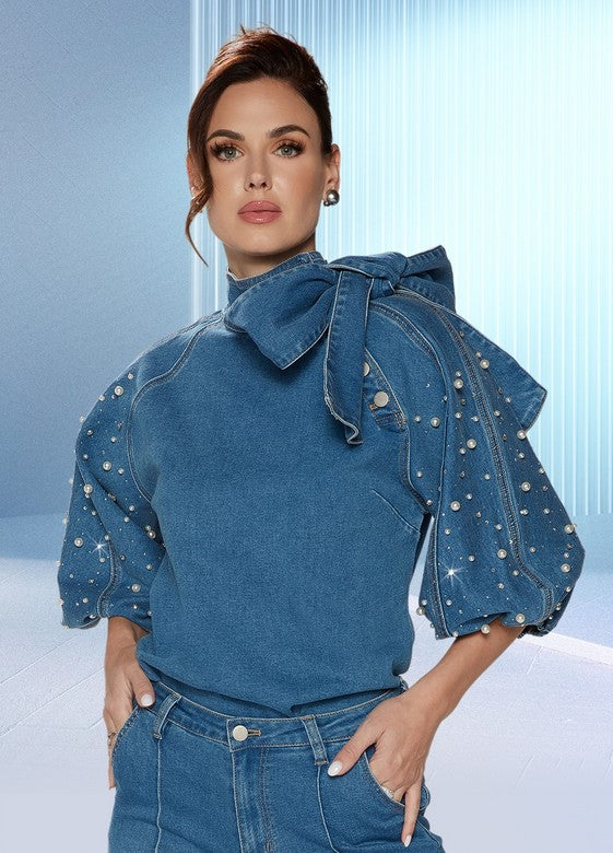 Donna Vinci Jean Collection Style 8490 2 PC Rhinestone & Pearl Trim Denim Top & Pants