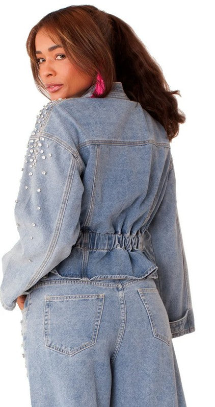 Pearl Cascade Peplum Denim Jacket - 82325