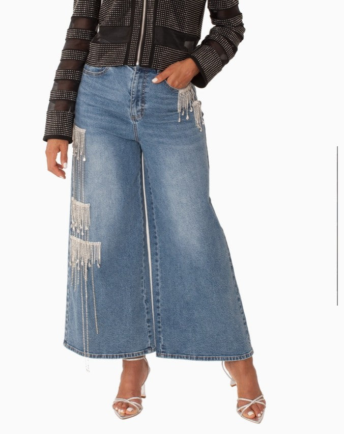 Crystal Cascade Wide-Leg Denim -82513