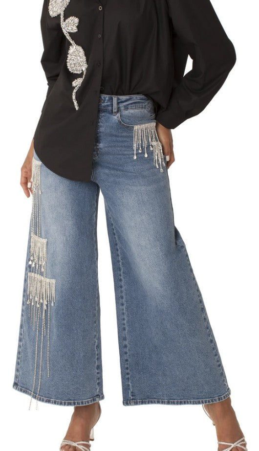 Crystal Cascade Wide-Leg Denim Pants -82513