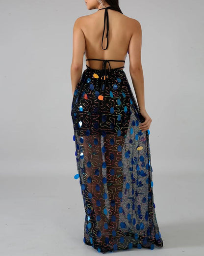 Black Sheer with Seqin Halter Backless Dress