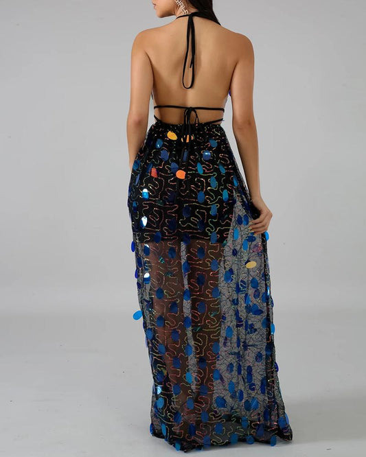 Black Sheer with Seqin Halter Backless Dress