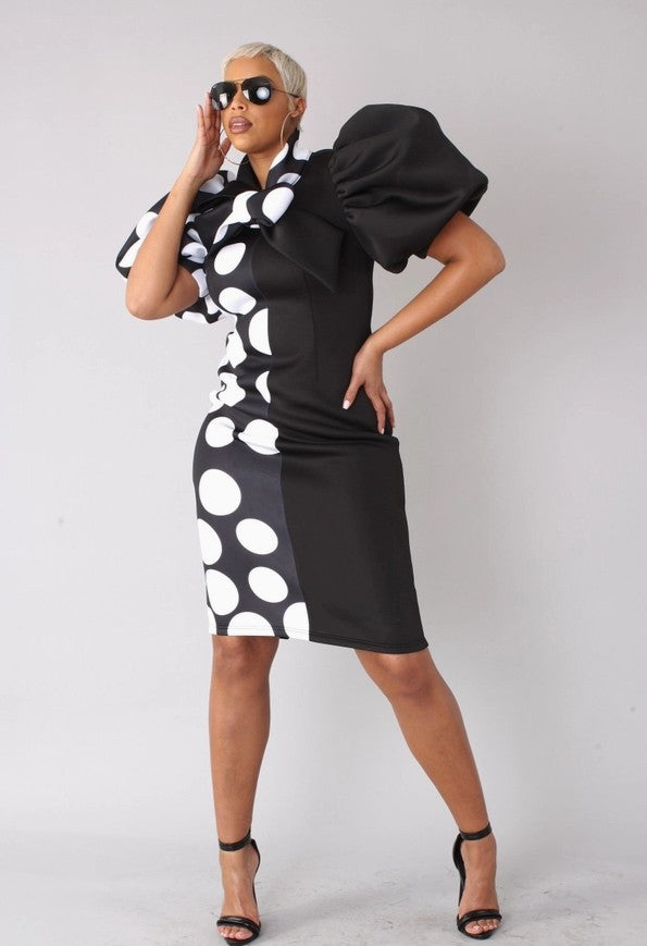 Printed and Solid Puff Sleeve Midi Dress with Bow Tie Collar- 81822