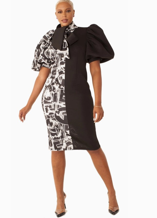 Printed and Solid Puff Sleeve Midi Dress with Bow Tie Collar- 81822
