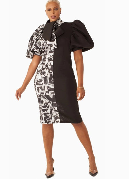 Printed and Solid Puff Sleeve Midi Dress with Bow Tie Collar- 81822
