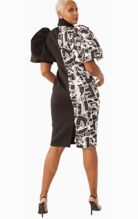 Printed and Solid Puff Sleeve Midi Dress with Bow Tie Collar- 81822