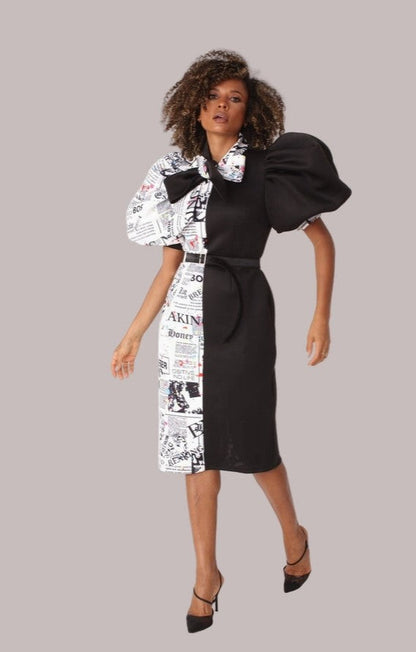 Printed and Solid Puff Sleeve Midi Dress with Bow Tie Collar- 81822