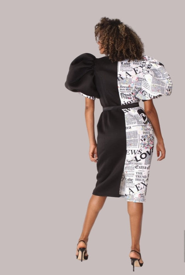 Printed and Solid Puff Sleeve Midi Dress with Bow Tie Collar- 81822