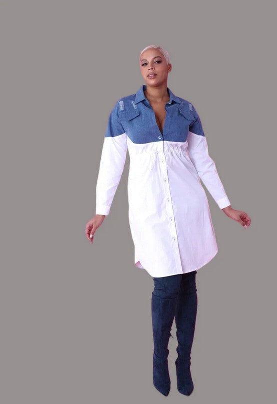 For Her Denim Combo Woven Shirt Dress