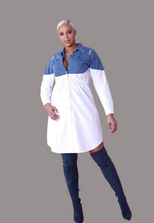 For Her Denim Combo Woven Shirt Dress