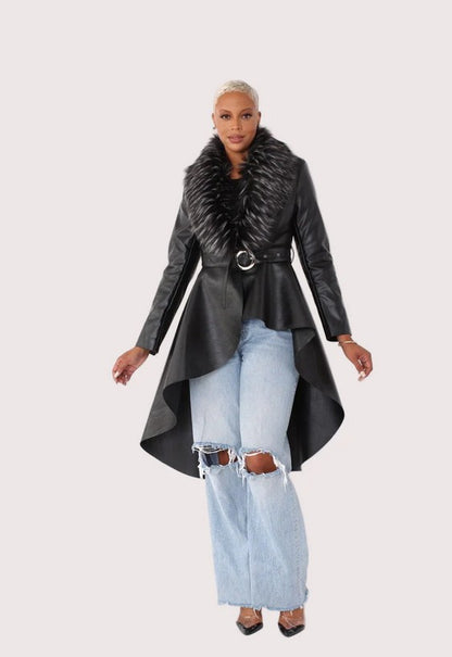 For Her NYC High Low PU Jacket with  Fur Collar Style 82054