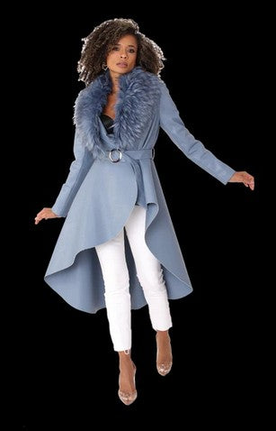 For Her NYC Slate Blue High Low PU Jacket with  Fur Collar Style 82054