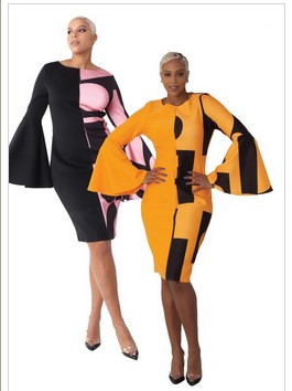 COLOR BLOCK BELL SLEEVE DRESS- 82062