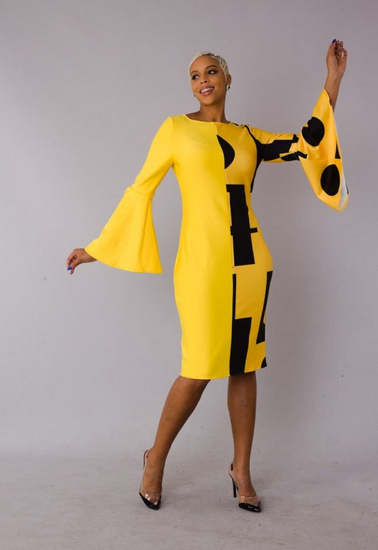 COLOR BLOCK BELL SLEEVE DRESS- 82062