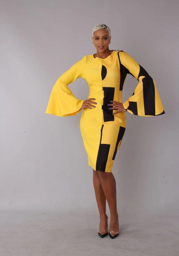 COLOR BLOCK BELL SLEEVE DRESS- 82062