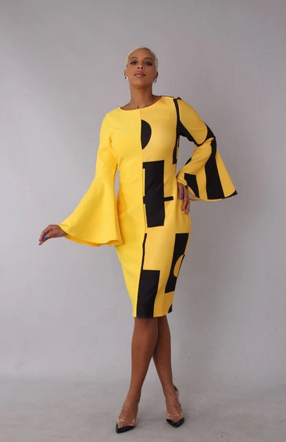 COLOR BLOCK BELL SLEEVE DRESS- 82062