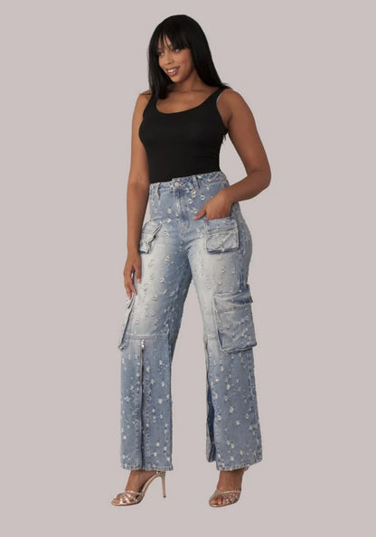 For Her NYC  Style-82385 Distressed Denim Cargo Jeans