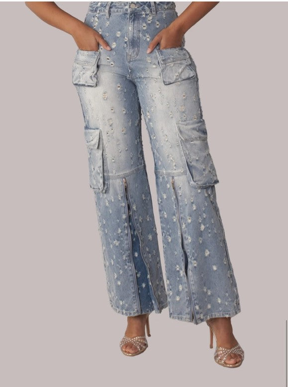 For Her NYC  Style-82385 Distressed Denim Cargo Jeans