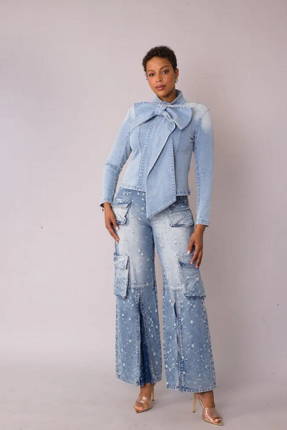 For Her NYC  Style-82385 Distressed Denim Cargo Jeans