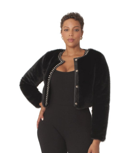 FOR HER Cropped Rhinestone-Trimmed Fur Jacket -82652