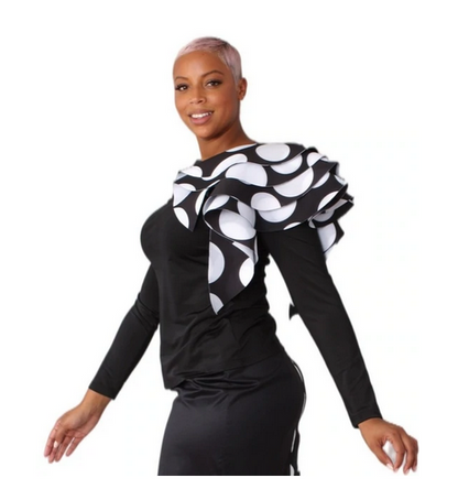 For Her NYC 8687 Woven Top with Scuba Layered/Ruffle Shoulder