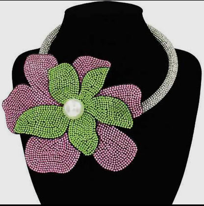 Oversized Bling Studded Flower with a Pearl in the middle necklace.