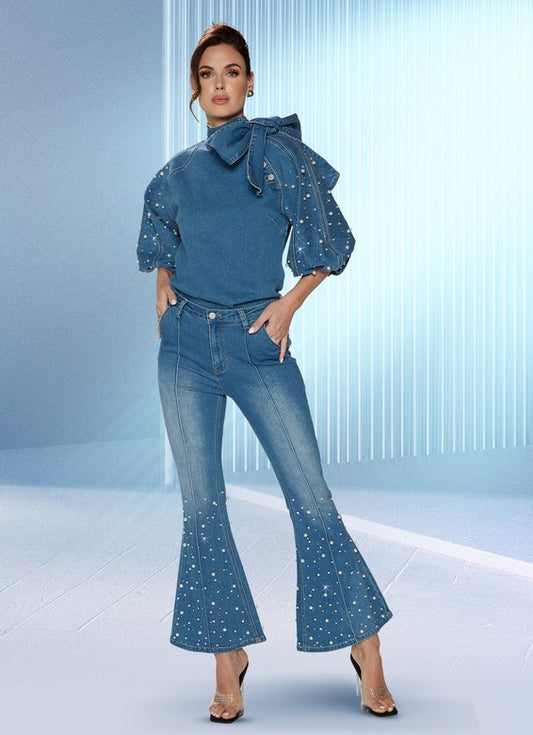 Donna Vinci Jean Collection Style 8490 2 PC Rhinestone & Pearl Trim Denim Top & Pants