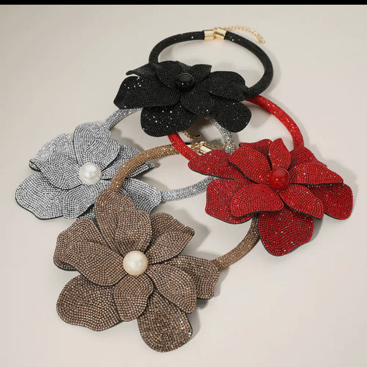 Oversized Bling Studded Flower with a Pearl in the middle necklace.