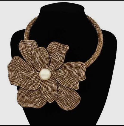 Oversized Bling Studded Flower with a Pearl in the middle necklace.