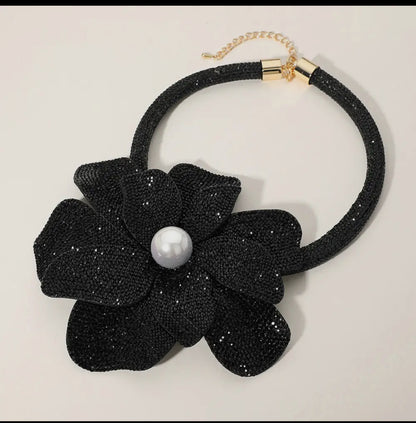 Oversized Bling Studded Flower with a Pearl in the middle necklace.