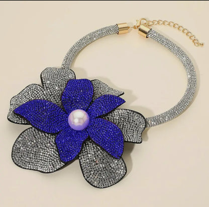 Oversized Bling Studded Flower with a Pearl in the middle necklace.