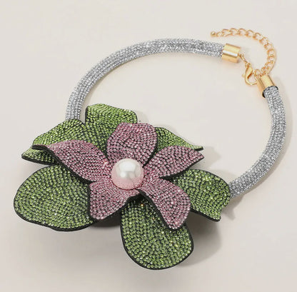 Oversized Bling Studded Flower with a Pearl in the middle necklace.