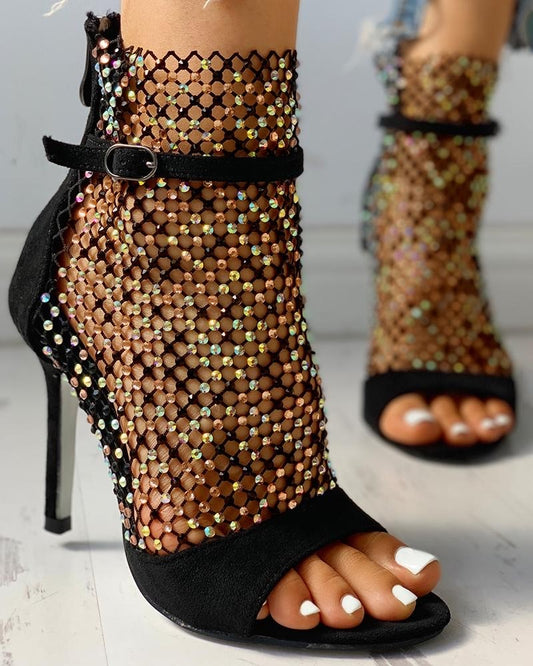 Mesh Black Color Stone Open Toe  Sandals