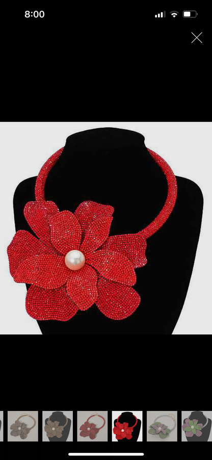Oversized Bling Studded Flower with a Pearl in the middle necklace.