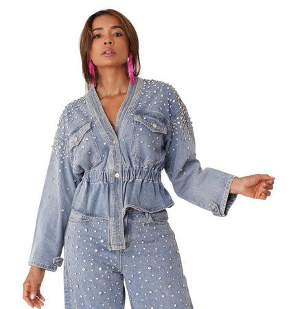 Pearl Cascade Peplum Denim Jacket - 82325
