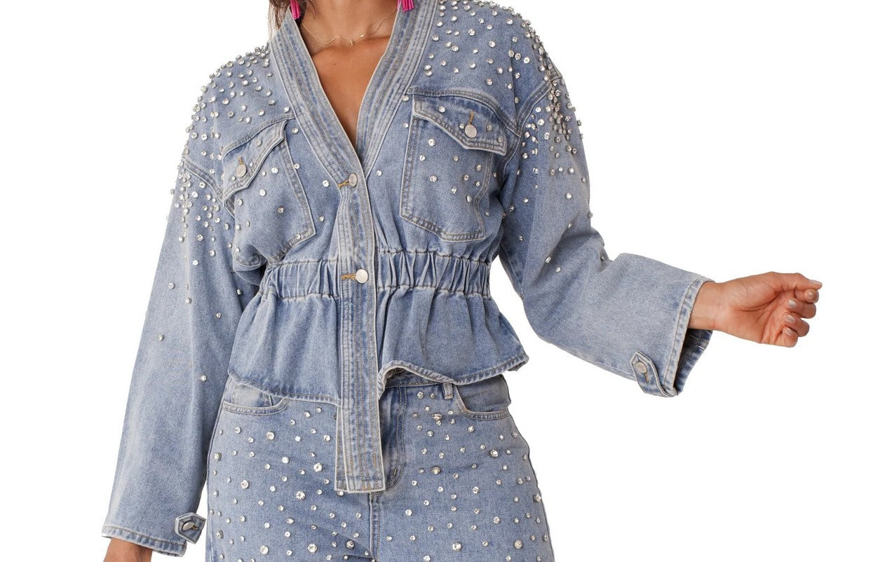 Pearl Cascade Peplum Denim Jacket - 82325