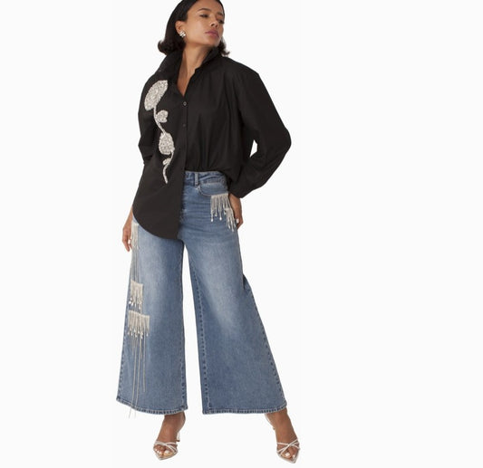 Crystal Cascade Wide-Leg Denim -82513