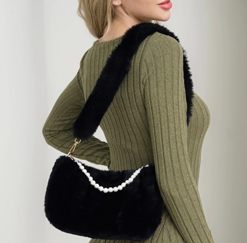 Pearl Handle Accent Faux Fur Crossbody Bag