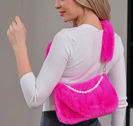 Pearl Handle Accent Faux Fur Crossbody Bag