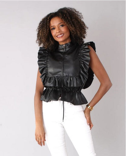 For Her NYC- Ruffled Leather Peplum Vest -81758